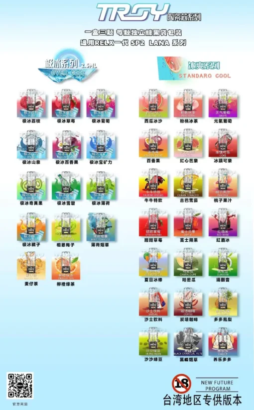 TROY特洛伊一代霧化彈，台灣官方正品，專為Vape玩家打造的頂級封閉式霧化彈！兼容LANA、SP2系列及RELX一代主機，每顆2ml容量，搭載1.0Ω鋼網霧化芯，確保不漏油、無焦味，帶來濃郁順滑的霧化體驗。32款精選口味，台灣現貨，立即點燃你的味蕾派對！